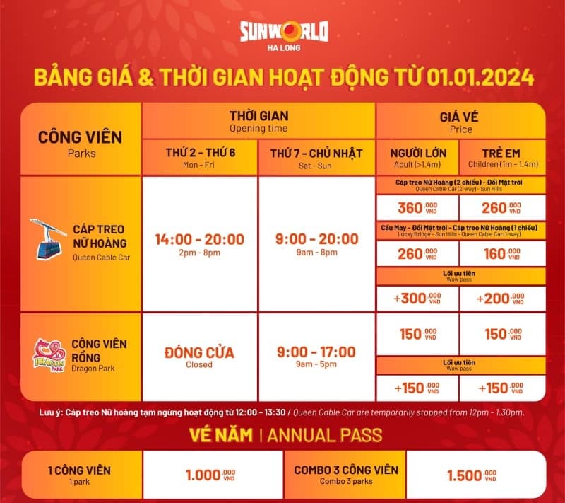 bảng giá sun world hạ long